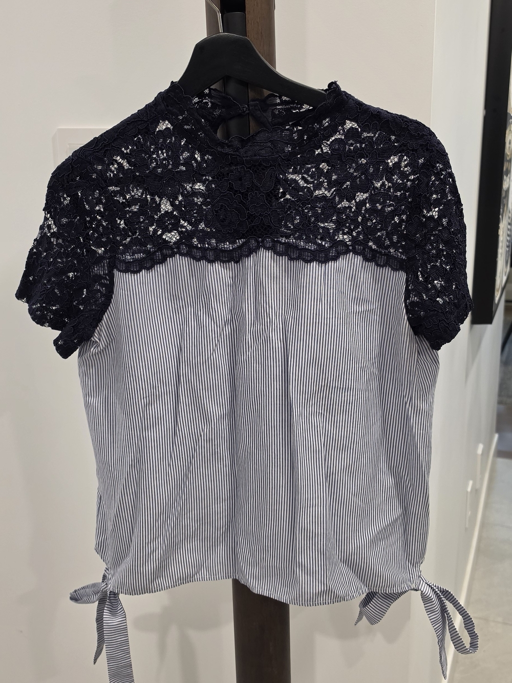 Zara Navy Lace Yoke Striped Tie-Hem Blouse